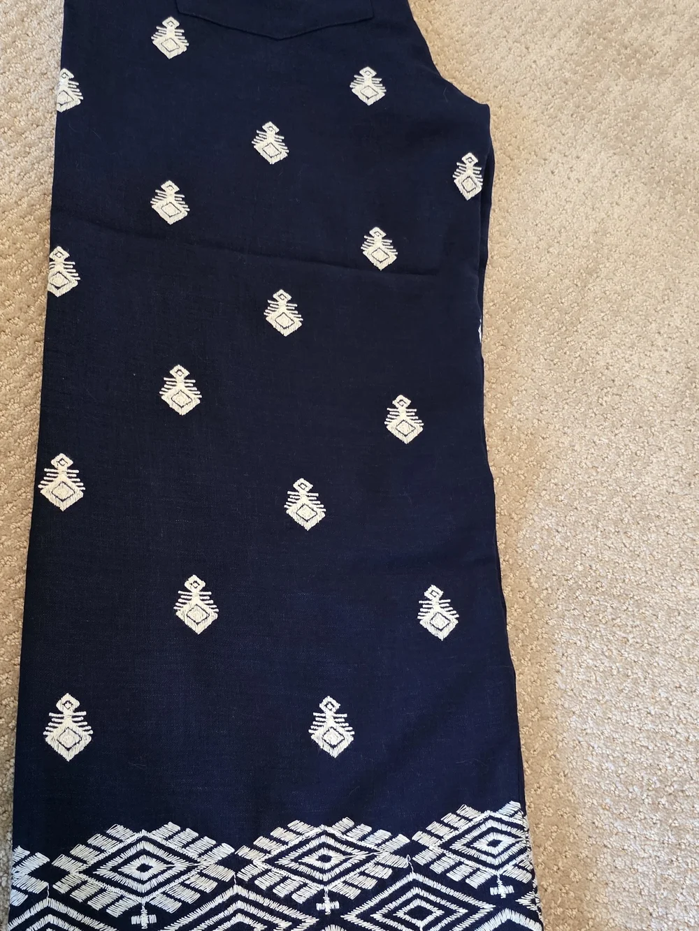 Zara Navy Wide-Leg Embroidered Pants with White Motif